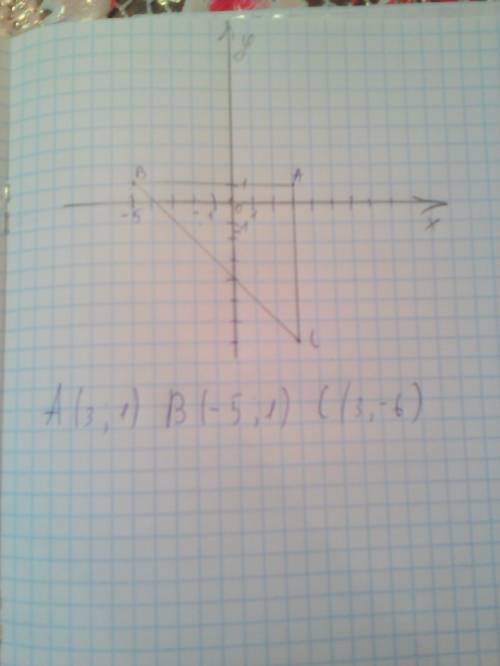 На кординатній площині побудувати трикутник авс, якщо а(3; 1); в(-5; 1) і с(3; -6).