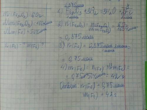 При взаимодействии 60 г оксида железа(iii) с водородом образовалось чистое железо. какова его масса