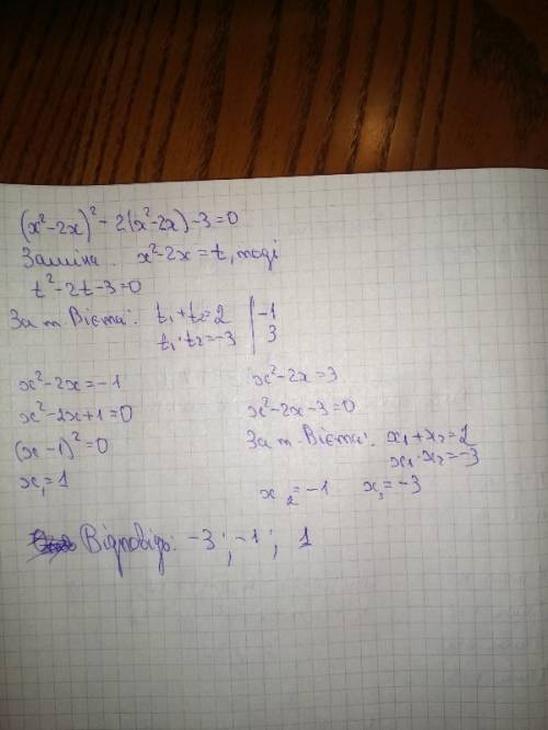 Розвяжить ривняння (x^2-2x)^2-2(x^2-2x)-3=0. 43