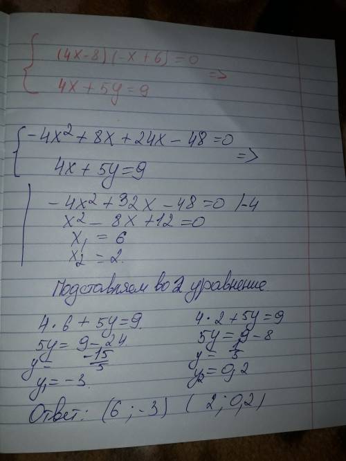 Решите систему: {(4x-+6)=0 {4x+5y=9 за правильный ответ!