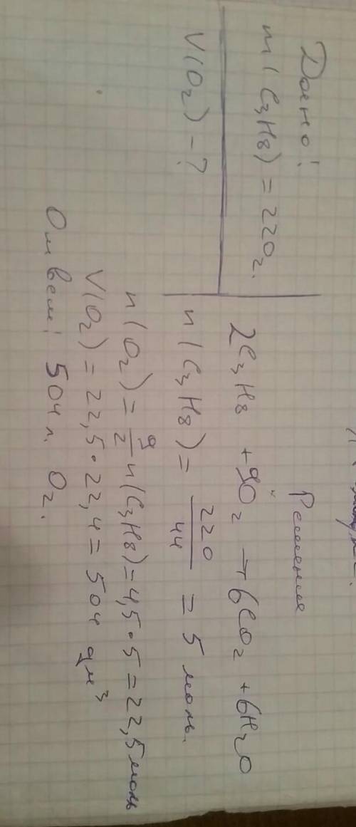 Який об'єм кисню необхідний для спалювання 220г пропану