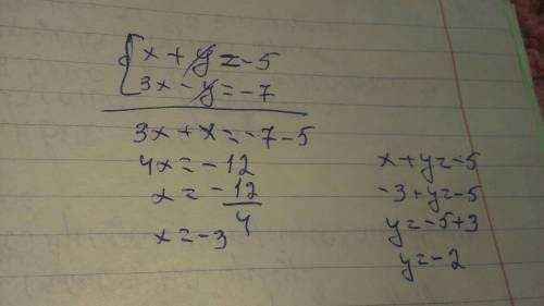 Решите графически методом систему линейных уравнений{x+y= -5 {3x-y= -7