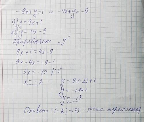 Вычислите координаты точки пересечения -9х+у=1 и -4х+у=-9