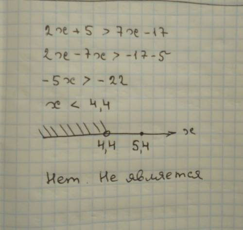 Является ли решением неравенства 2x+5> 7x−17 значение x, равное 5,4? после решения неравенства по