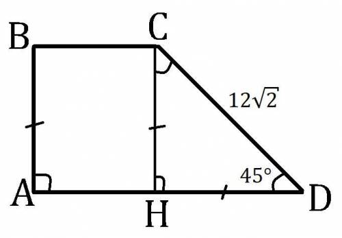 Большая боковая сторона прямоугольной трапеции 12 корень из 2,а острый угол 45 градусов.найдите площ