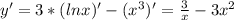 y' = 3 * (lnx)' - (x^3)' = \frac{3}{x} - 3x^2