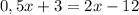 0,5x+3=2x-12