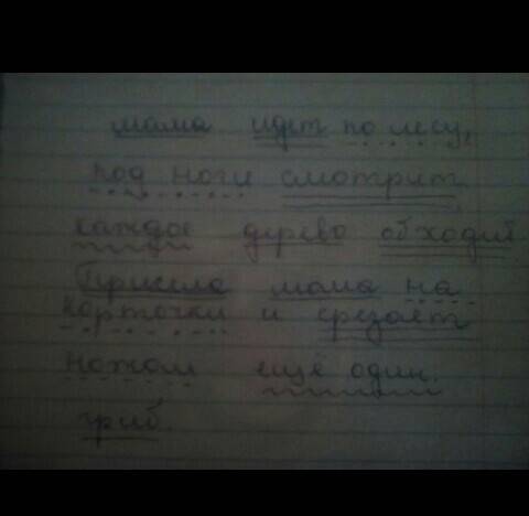 Синтаксический разбор: мама идет по лесу, под ноги смотрит,каждое дерево обходит. присела мама на ко