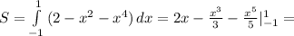 S= \int\limits^1_{-1} {(2-x^2-x^4)} \, dx =2x- \frac{x^3}{3} - \frac{x^5}{5} |_{-1}^1=