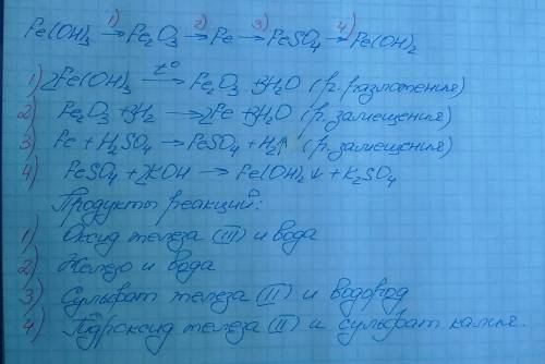 Составьте уравнения реакций согласно схеме fe(oh)3 → fe2o3 → fe → feso4 → fe(oh)2 назовите все вещес