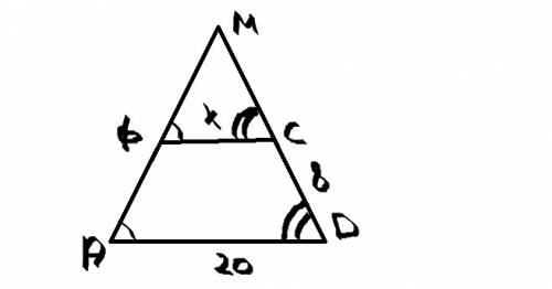 Продолжение боковых сторон ab и cd трапеции abcd пересекаются в точке m. большее основание ad равно
