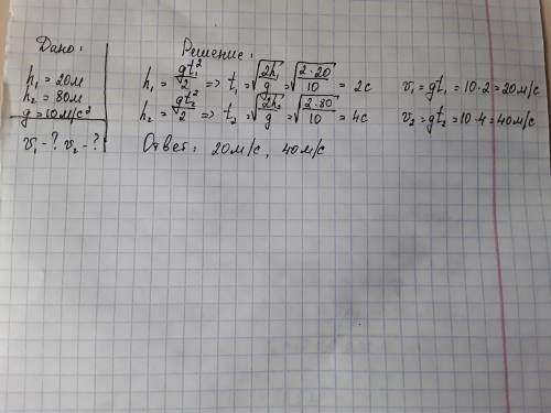 Два тела свободно : одно - с высоты 20 м, а другое - с высоты 80 м. с какой скоростью приземлятся те