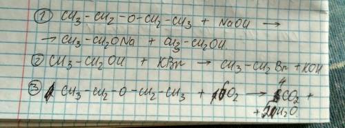 Нужно ! 1)c2h5-o-c2h5--> c2h5ona. 2)c2h5oh--> c2h5br. 3) c2h5-o-> co2