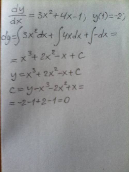 Найти решение дифер.уравнения 1) y'=3x^2+4x-1, y (1)=-2