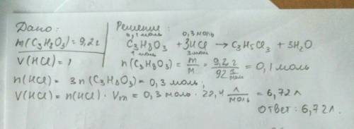 Какой объём хлороводорода вступит в реакцию с 9,2г глицерина?