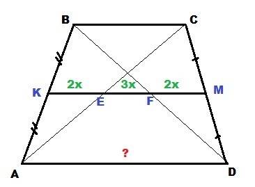 Средняя линия трапеции делится ее диагоналями на части, которые относятся как 2: 3: 2. найдите больш