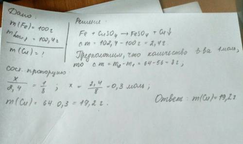 Масса меди, выделившейся на железной пластинке массой 100.0 г, равна г, если после погружения в раст