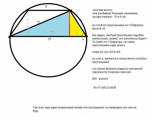 Основания равнобокой трапеции равны 9 см и 21 см. найти радиус окружности, описанной около трапеции,