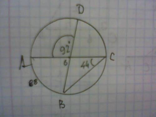 Вокружности с центром в точке o отрезки ac и bd - диаметры. угол aod равен 92 градуса. наудите угол