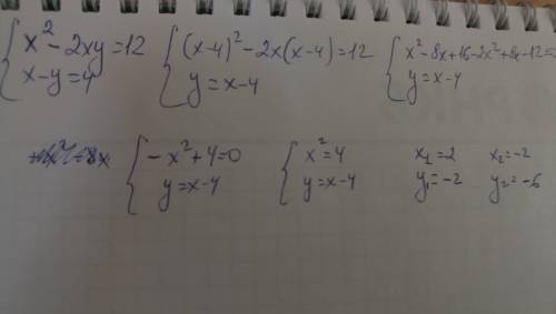 Зозв'яжіть систему рівнянь x^2-2xy=12 x-y=4