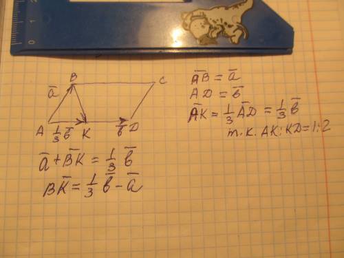 На стороне аd параллелограмма авсd отмечено точку к так, что ак : кd = 1 : 2. выразите вектор вк чер