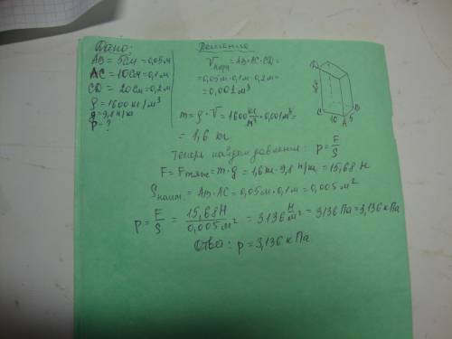 На полу стоит кирпич с размерами 5*10*20см. какое давление он создает, опираясь на меньшую грань? пл