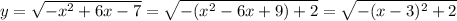 y= \sqrt{-x^2+6x-7} = \sqrt{-(x^2-6x+9)+2} = \sqrt{-(x-3)^2+2}