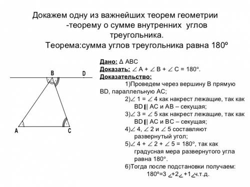 Сформулировать и доказать теорему о сумме внутренних углов треугольника