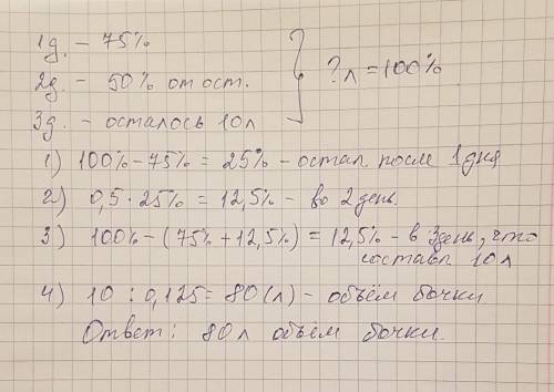 У3-х братьев была бочка воды. в первый день они выпили 75% всей воды, во второй день 50% от того, чт