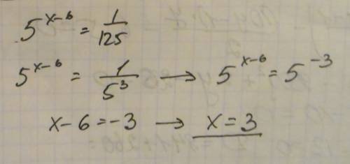 Найдите корень уравнения 5^(x–6)=1/125 решить нужен развёрнутый ответ