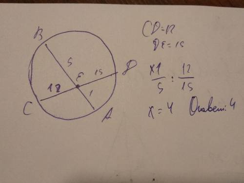 Хорды ав и сд пересекаются в точке е . найти длину отрезка ае , если он в 5 раз меньше отрезка ве ,