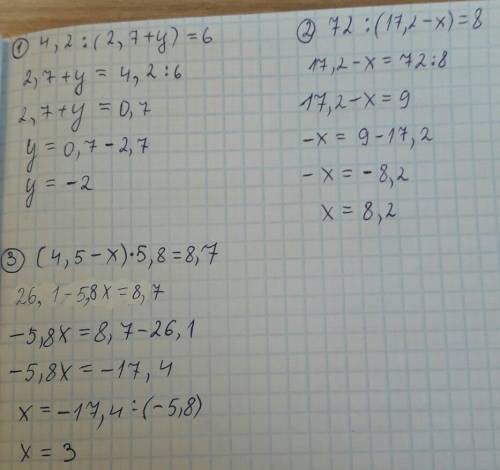 Решить уравнения : 1) 4,2: (2,7+y)=6 2) 72: (17,2-x)=8 3) (4,5-x)x5,8=8,7