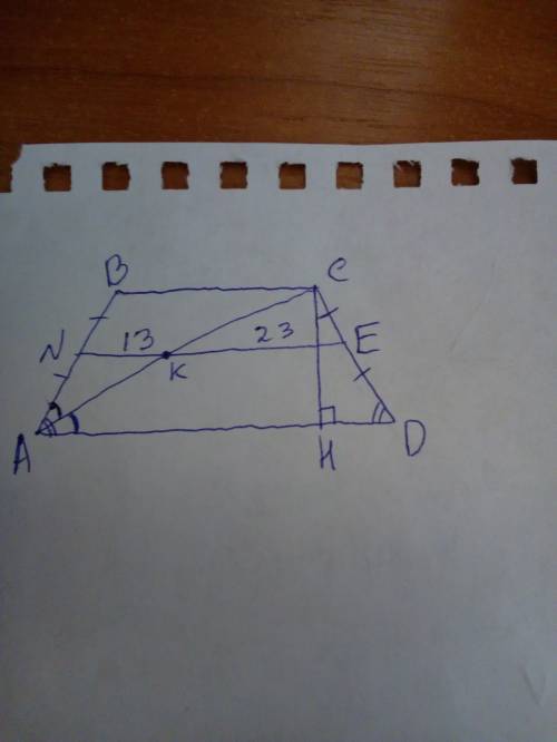 Диагональ равнобокой трапеции биссектриса гострого кута, делит среднюю линию трапеции на отрезки 13