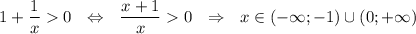 1+\dfrac{1}{x}0~~\Leftrightarrow~~\dfrac{x+1}{x}0~~\Rightarrow~~x\in (-\infty;-1)\cup(0;+\infty)