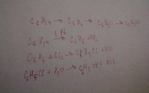 C6h14-> c6h6-> c6h5ci-> c6h5oh напишите уравнение реакций следующих превращений