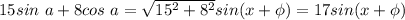 15sin\ a+ 8cos\ a = \sqrt{15^2+8^2} sin (x+ \phi) = 17sin (x+ \phi)