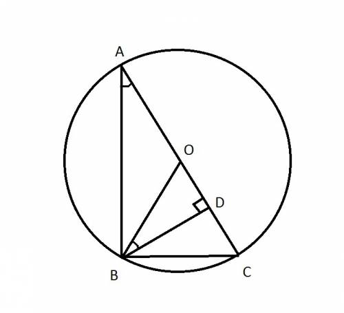 Прямоугольный треугольник abc - вписанный в окружность. о - центр, r - радиус. к гипотенузе ac прове
