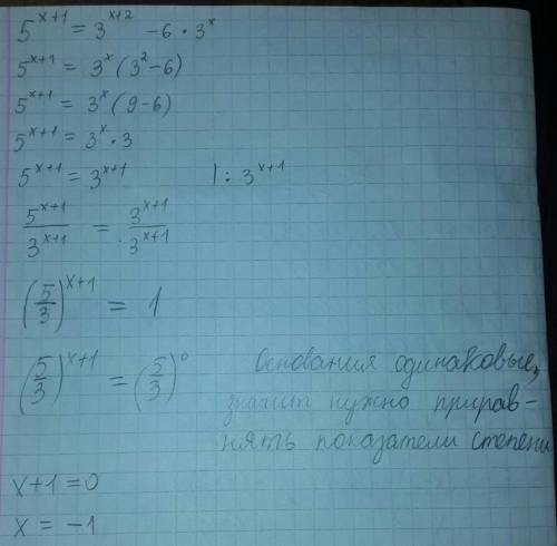 Срешением уравнения 5^(x+1)=3^(x+2)-6*3^x