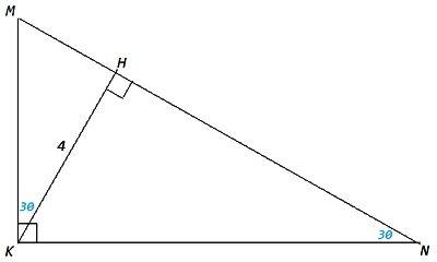 Высота kh прямоугольника треугольника kmn делит прямой угол k на два угла разность которых равна 30