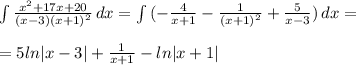 \int { \frac{x^2+17x+20}{(x-3)(x+1)^2} } \, dx =\int {(- \frac{4}{x+1} - \frac{1}{(x+1)^2 }+ \frac{5}{x-3} ) } \, dx =\\\\=5ln|x-3|+ \frac{1}{x+1} -ln|x+1|