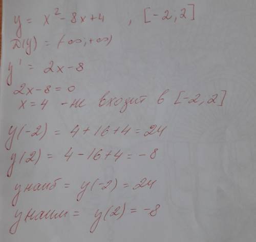 Найдите наибольшее и наименьшее значение функции на данном отрезке: y= x^2-8x+4 [-2; 2]