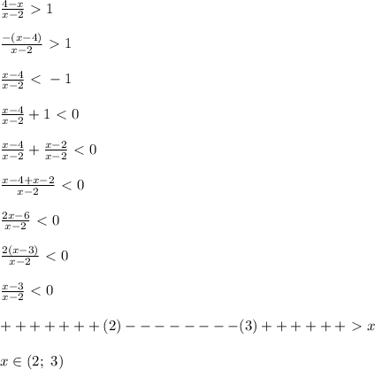 \frac{4-x}{x-2}\ \textgreater \ 1\\\\&#10;\frac{-(x-4)}{x-2}\ \textgreater \ 1\\\\&#10;\frac{x-4}{x-2}\ \textless \ -1\\\\&#10;\frac{x-4}{x-2}+1\ \textless \ 0\\\\&#10;\frac{x-4}{x-2}+\frac{x-2}{x-2}\ \textless \ 0\\\\&#10;\frac{x-4+x-2}{x-2}\ \textless \ 0\\\\&#10;\frac{2x-6}{x-2}\ \textless \ 0\\\\&#10;\frac{2(x-3)}{x-2}\ \textless \ 0\\\\&#10;\frac{x-3}{x-2}\ \textless \ 0\\\\&#10;+++++++(2)--------(3)++++++\ \textgreater \ x\\\\&#10;x\in(2;\ 3)