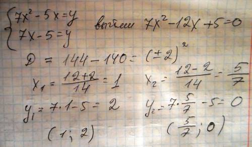 Решите систему уравнений 7x^2-5x=y 7x-5=y