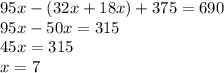 95x - (32x + 18x) + 375 = 690 \\ 95x - 50x = 315 \\ 45x = 315 \\ x = 7