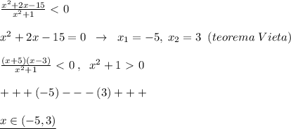 \frac{x^2+2x-15}{x^2+1} \ \textless \ 0\\\\x^2+2x-15=0\; \; \to \; \; x_1=-5,\; x_2=3\; \; (teorema\; Vieta)\\\\\frac{(x+5)(x-3)}{x^2+1}\ \textless \ 0\; ,\; \; x^2+1\ \textgreater \ 0\\\\+++(-5)---(3)+++\\\\\underline {x\in (-5,3)}