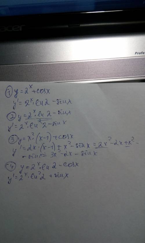 Найдите производную функцииy=2^(x) +cosx. 1) y'=2^(x) -sinx 2) y'=2^(x) ln2-sinx 3) y'=x2^(x-1) +cos