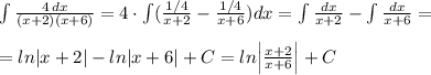 \int \frac{4\, dx}{(x+2)(x+6)}=4\cdot \int (\frac{1/4}{x+2}-\frac{1/4}{x+6})dx=\int \frac{dx}{x+2}-\int \frac{dx}{x+6}=\\\\=ln|x+2|-ln|x+6|+C=ln\Big |\frac{x+2}{x+6}\Big |+C