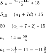 S _{15} = \frac{2 a_{1}+14d }{2} *15\\\\S _{15} =( a_{1}+7d)*15\\\\50=( a_{1}+7*2)*15\\\\ a_{1}+14 = \frac{50}{15}\\\\ a_{1}=3 \frac{1}{3} -14=-10 \frac{2}{3}