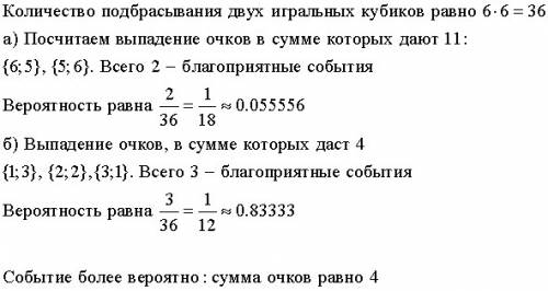 Пі два гральних кубика. яска подія більш вірогідна: сума очок на гранях кубиків дорівнює 11 або сума