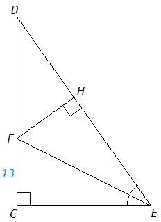 Впрямоугольном треугольнике dce с прямым углом c проведена биссектриса ef, причём fc = 13 см. найдит